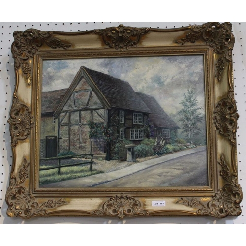 187 - Roy Porter - oil on board study of a half timbered cottage 38 x 49 cm signed dated 1979 in fancy par... 