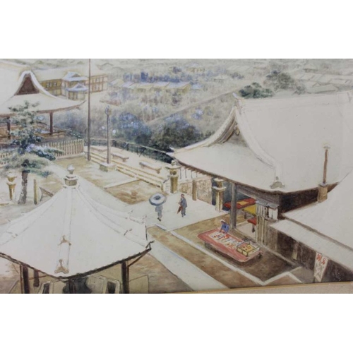 197 - Chinese School, Winter landscape, courtyard complex in snow, a distant coastal scape, watercolour pa... 