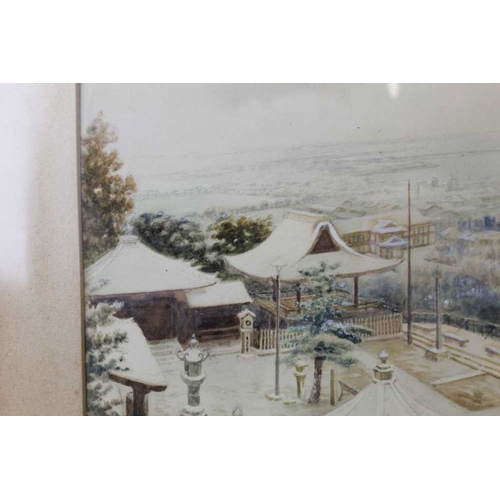 197 - Chinese School, Winter landscape, courtyard complex in snow, a distant coastal scape, watercolour pa... 