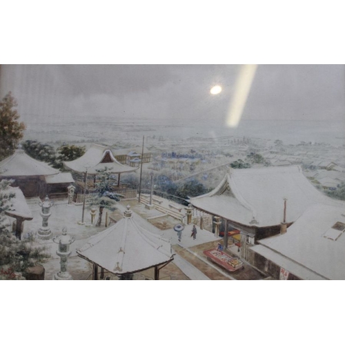 197 - Chinese School, Winter landscape, courtyard complex in snow, a distant coastal scape, watercolour pa... 