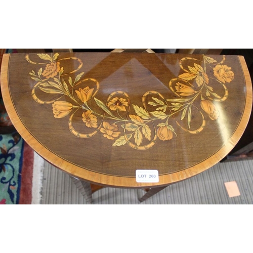 260 - A 20th century Italian floral inlaid Demilune table with single central drawer 77 x 58 cm