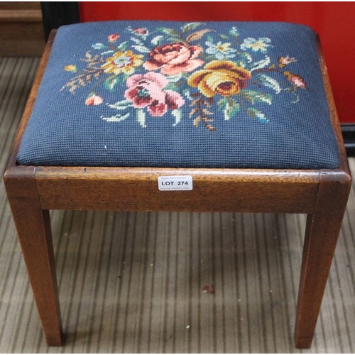 274 - A 19th century mahogany stool with floral wool work pad top