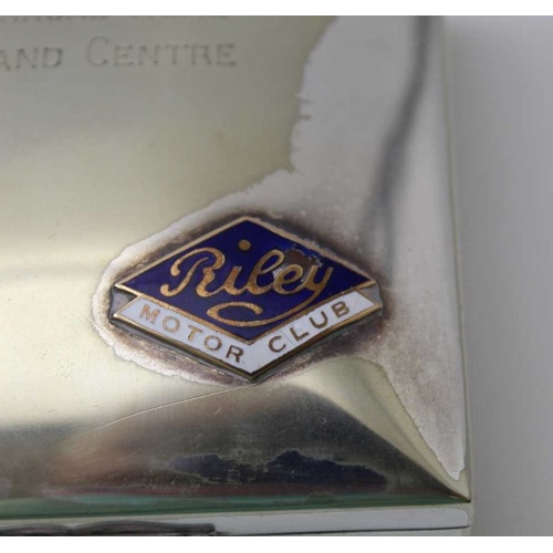 56 - A silver plated cigarette box, applied with Riley Motor Club enamel badge, the lid engraved 