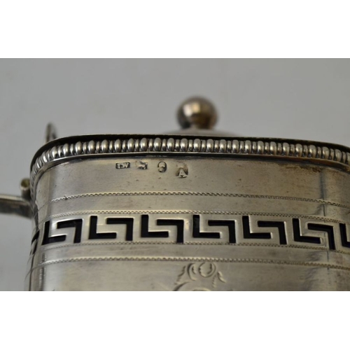 77 - John Wall, an 18th century silver lidded mustard, with hinged cover, pierced Greek key decoration, w... 