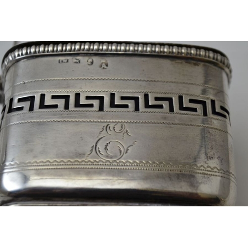 77 - John Wall, an 18th century silver lidded mustard, with hinged cover, pierced Greek key decoration, w... 