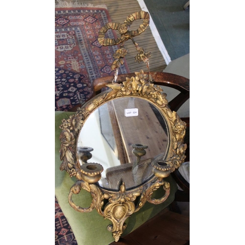 324 - A 19th century gilded carved wood & gesso fancy circular mirror backed twin sconce girondelle, 78cm ... 