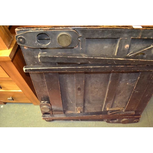 167 - 1920's black folding card table with drinks holders and counter pots