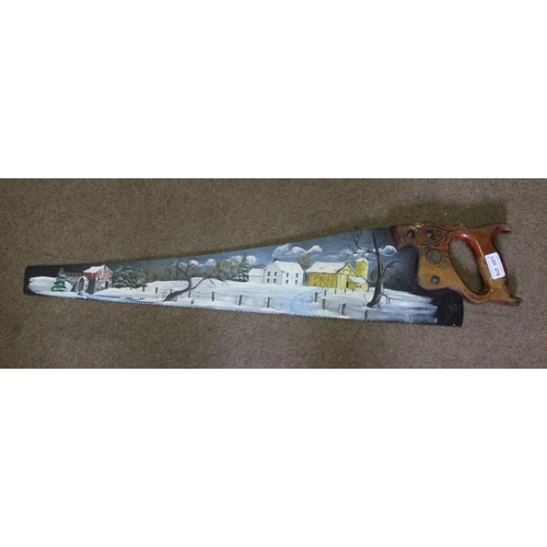 279 - Two hand painted Amish saws, both with a farm landscape, one in winter and one in summer, both signe... 