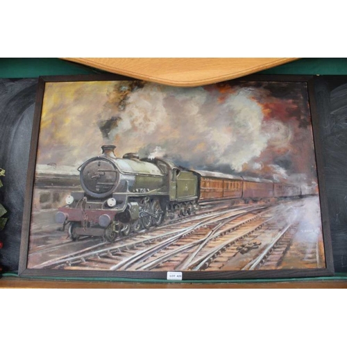 420 - V.Rowe - oil on canvas study of vintage steam train in plain black frame