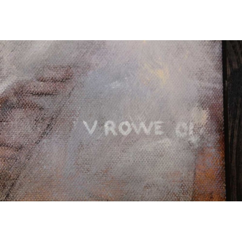 420 - V.Rowe - oil on canvas study of vintage steam train in plain black frame