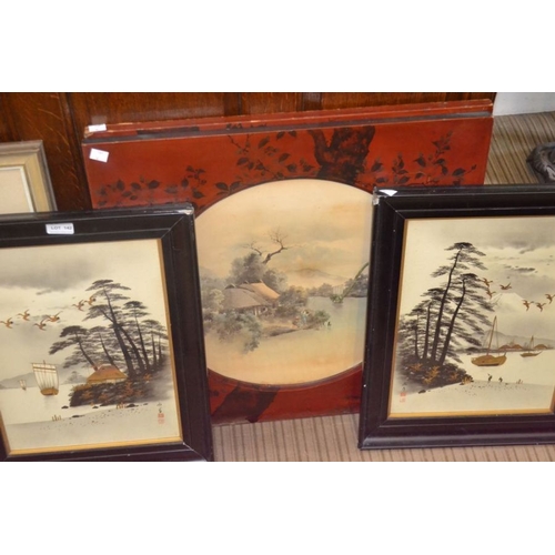 430 - A pair of Oriental lacquer framed landscapes together with two other similar