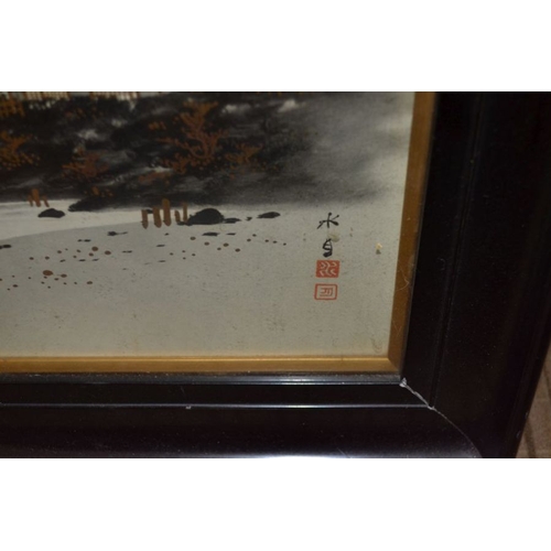 430 - A pair of Oriental lacquer framed landscapes together with two other similar