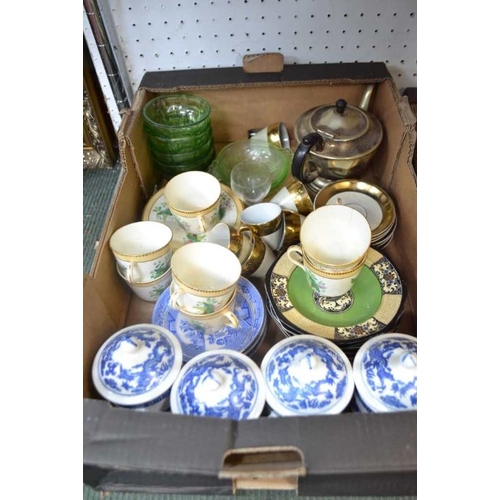 48 - Two boxes of assorted chinaware, glass & metalwares