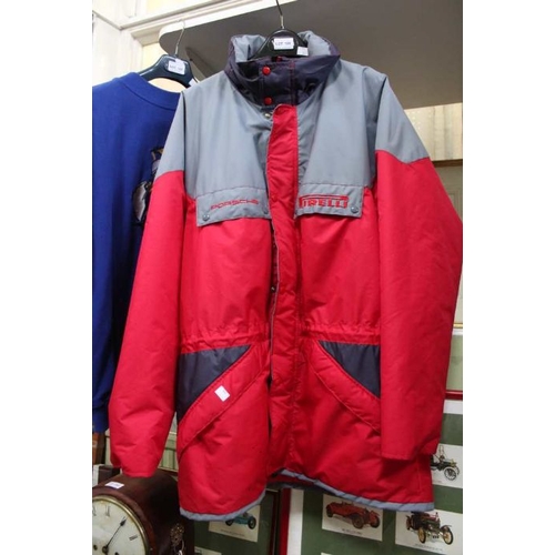 128 - Porsche Pirelli winter jacket, men's size large in red with grey top panels