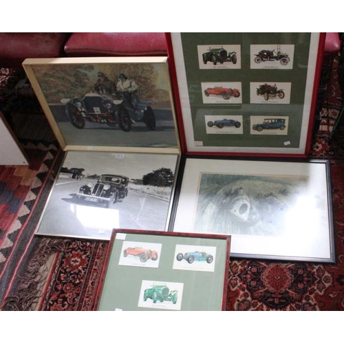 17 - Five various framed and glazed vintage motorcar illustrations in a variety of medium
