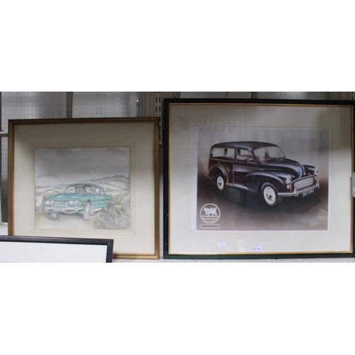 19 - An illustration of a Morris 1000 Traveller and a Triumph Stag framed and glazed