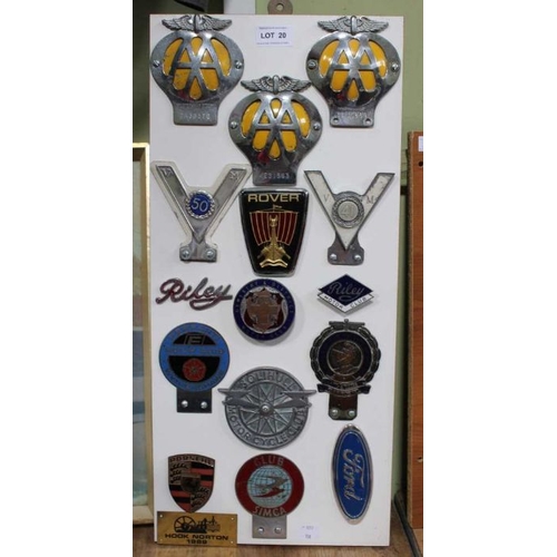 20 - A presentation board of mounted metal motor club badges includes Ferranti, Simca, AA plus some manuf... 