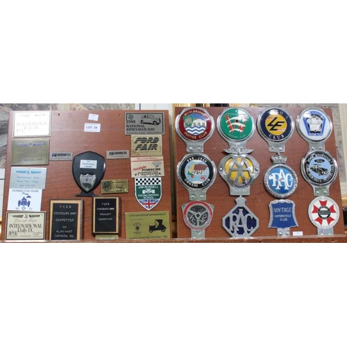 24 - Three presentation boards mounted with a selection of car club membership badges various