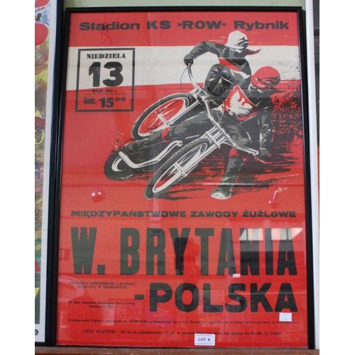 6 - Original Speedway Poster - Great Britain v Poland 13th May 1973, Rybnik, Poland. Framed and glazed 6... 