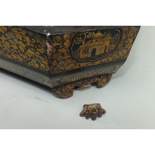 29 - An early 19th century Chinese Canton black lacquer games box with gilded and red border decoration, ... 