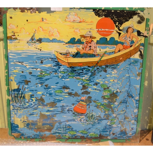 49 - Early 20th century gaming machine painted glass panel, depicts couple fishing in a small boat, 50cm ... 