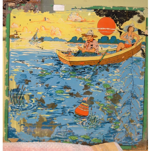 49 - Early 20th century gaming machine painted glass panel, depicts couple fishing in a small boat, 50cm ... 