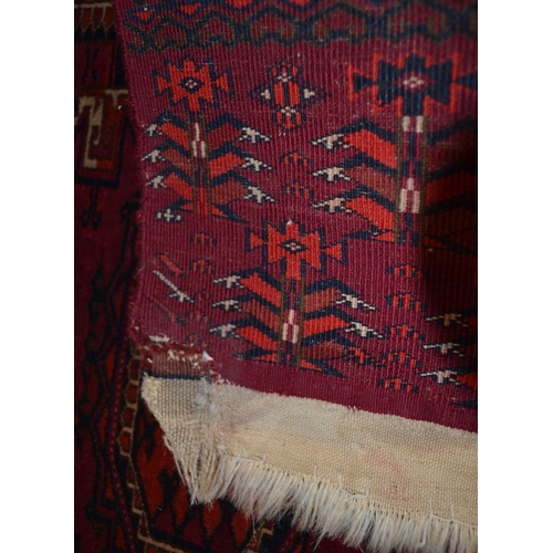 91 - A Tekke Turkoman tent panel, red ground with elephant foot design, fringed on one side, 144cm x 80cm