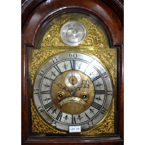 137 - Thomas Lister of Luddenden, an 18th century burr & oak long-case clock, stacked hood with brass moun... 