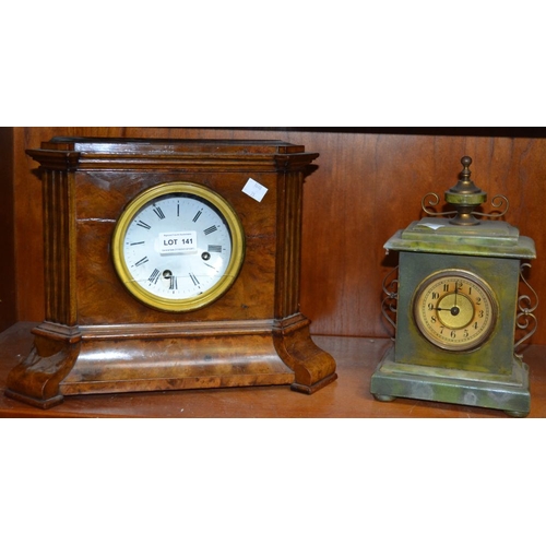 141 - A burr walnut mantel clock together with another green painted example