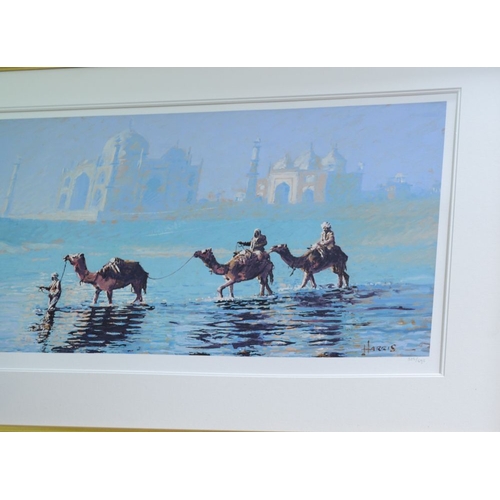 143 - A Rolf Harris pencil signed print of Camels wading, 325/695, framed