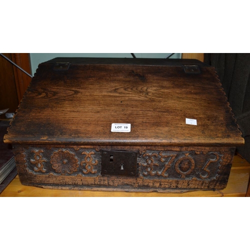 19 - A possible 19th century oak box part-fitted interior carved front