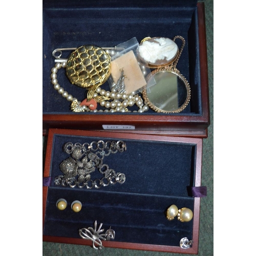 197 - Silver topped jewellery box with silver and costume contents and a 9ct shell cameo