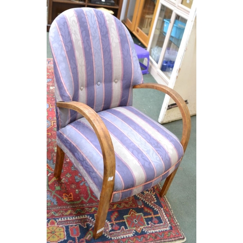 206 - An open armchair with steam bent arms upholstered in a stripe fabric