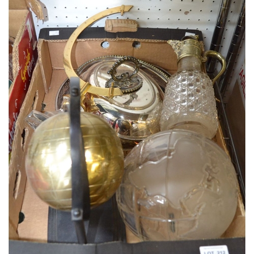 212 - Two globes, a decanter tray etc