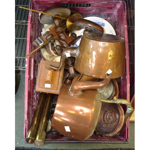 230 - A crate containing copper kettles & miscellaneous collectables