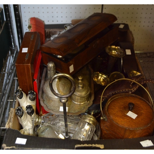 236 - A box containing a wooden biscuit barrel, silver plate items, and quantity of over collectables