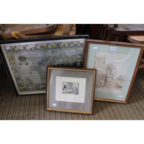 247 - A framed facsimile world map with two other pictures