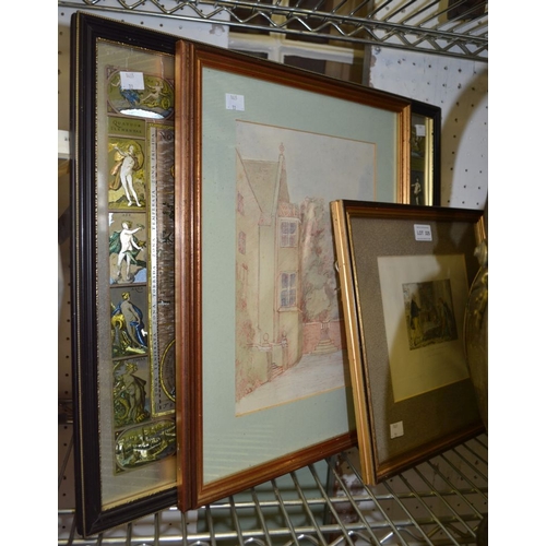 247 - A framed facsimile world map with two other pictures