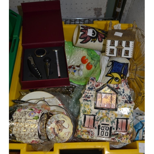 254 - A plastic box containing a selection of mixed ceramics, glass, etc.