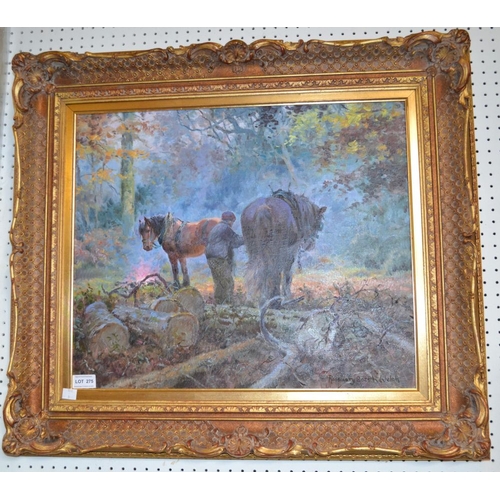 275 - An original oil on canvas study of Working Horses by Rosemary Sarah Welch in fancy gilt frame