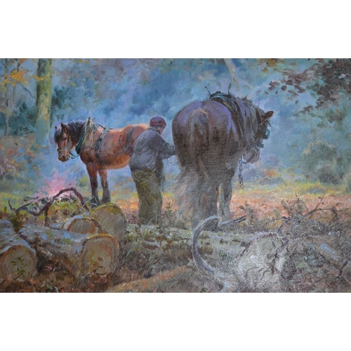 275 - An original oil on canvas study of Working Horses by Rosemary Sarah Welch in fancy gilt frame