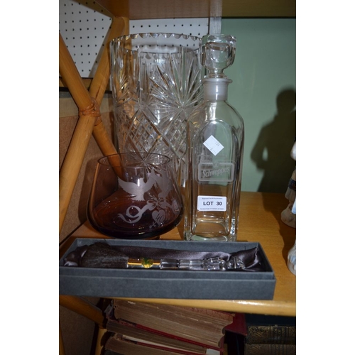 30 - Waterford blusher brush (boxed) and three glass vessels