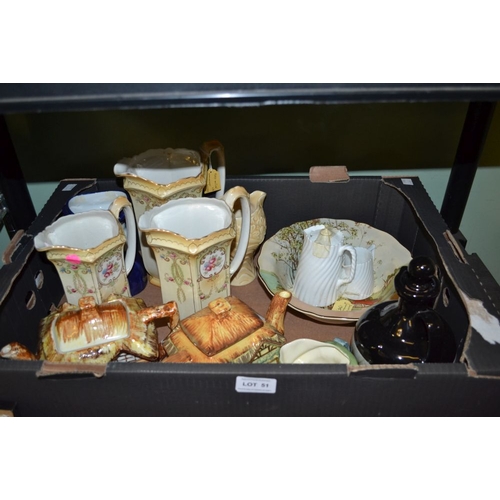 51 - A box of mixed china to include cottage ware teapots