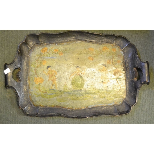 57 - Decorative painted tray with a selection of vintage wooden curtain pole rings