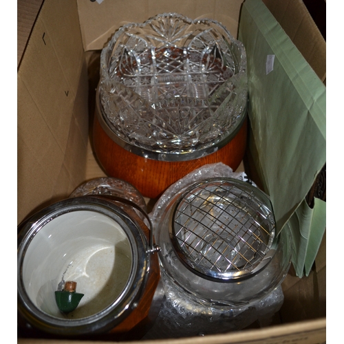 59 - Glass bowls various, wooden cased biscuit barrel, pair of pressed brass plaques