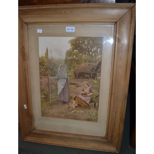 73 - A print of Ladies with Hens in pine frame