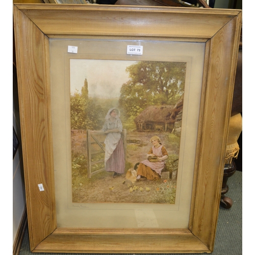 73 - A print of Ladies with Hens in pine frame