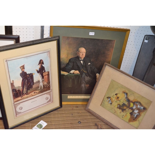 86 - A portrait print of Winston Churchill, together with a Military print & an abstract