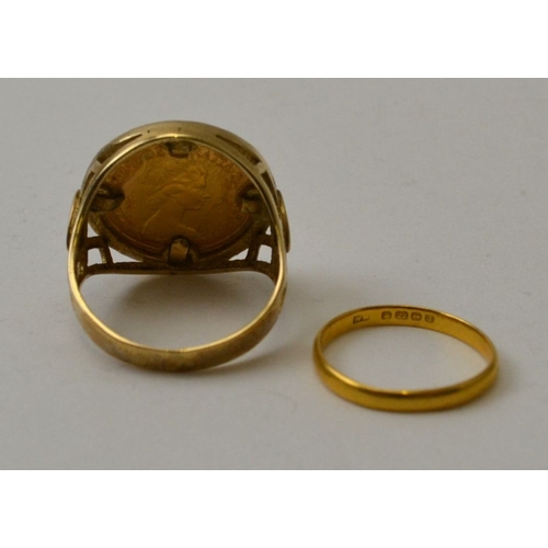 1 - A half sovereign set ring, the 1982 coin within a 9ct gold frame mount, gross weight 9.4g, together ... 