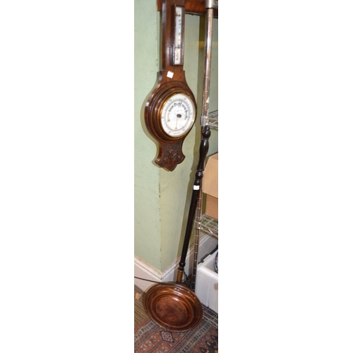 117 - Oak backed barometer/thermometer and a copper warming pan